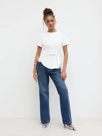 100% Cotton Round Neckline Ruched Asymmetrical Hem Tee