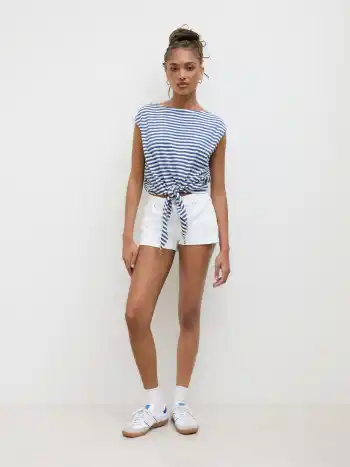 Cotton-blend Boat Neck Stripe Knotted Tee