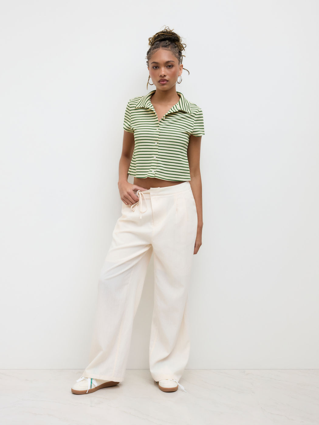 Polo Collar Stripe Button Through Tee