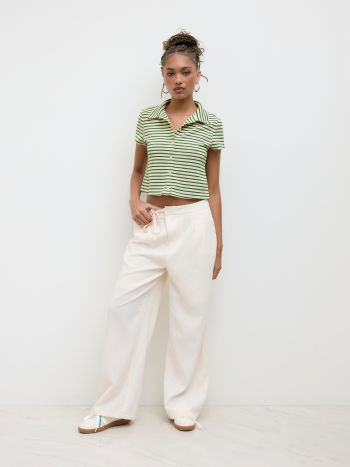 Polo Collar Stripe Button Through Tee