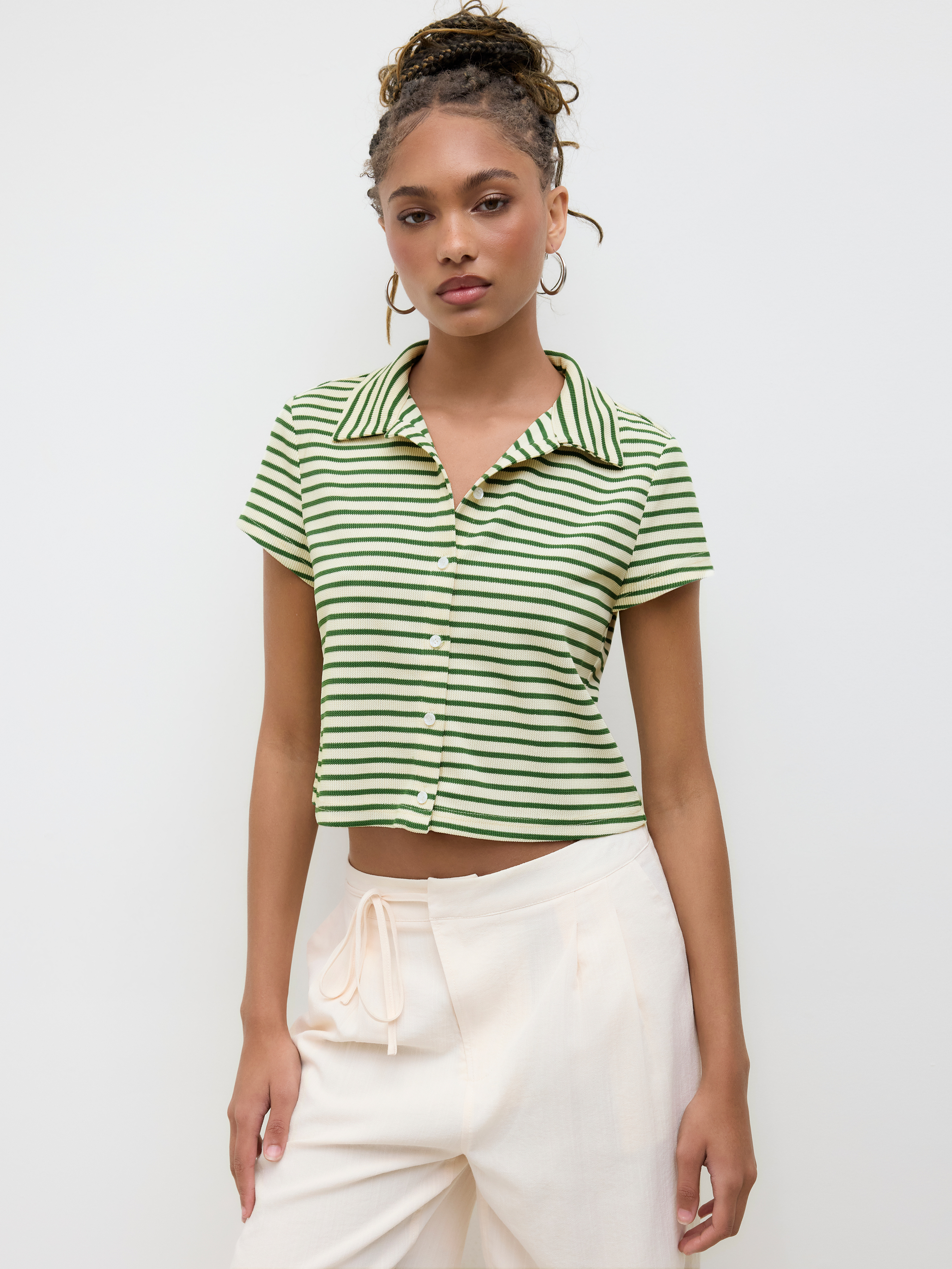 Polo Collar Stripe Button Through Tee