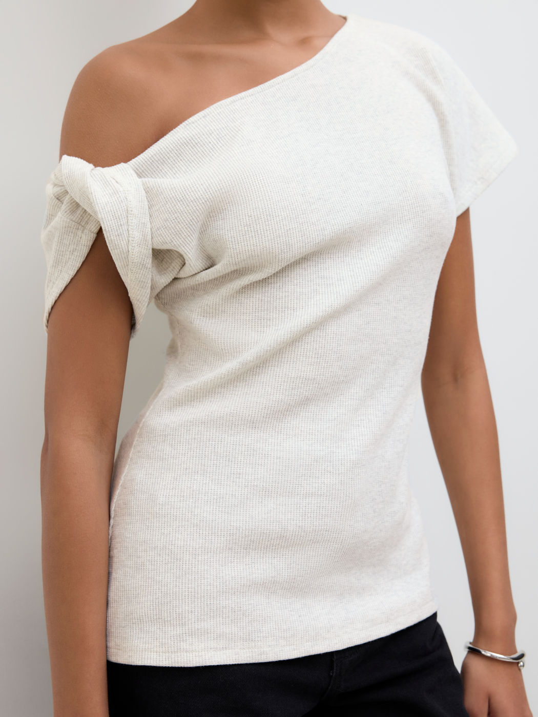 Cotton-blend Asymmetrical Neck Twist Short Sleeve Top