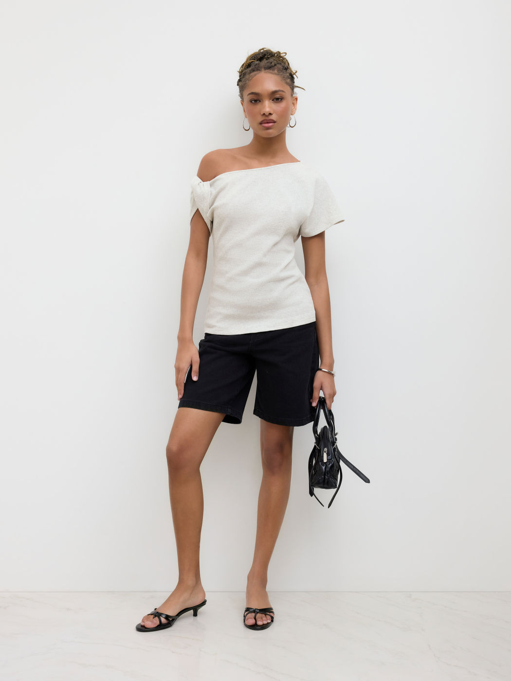 Cotton-blend Asymmetrical Neck Twist Short Sleeve Top
