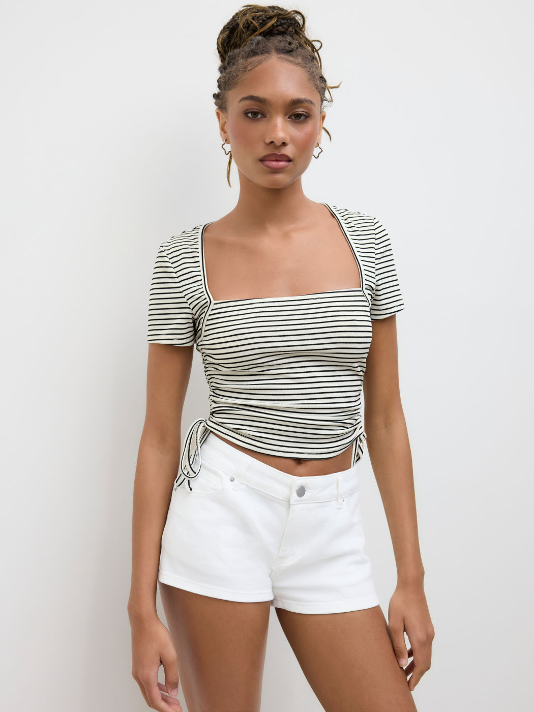 Square Neck Stripe Drawstring Ruched Crop Tee
