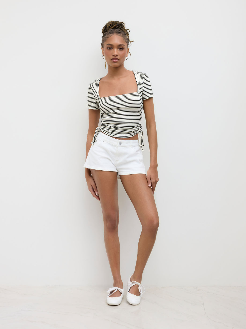 Square Neck Stripe Drawstring Ruched Crop Tee