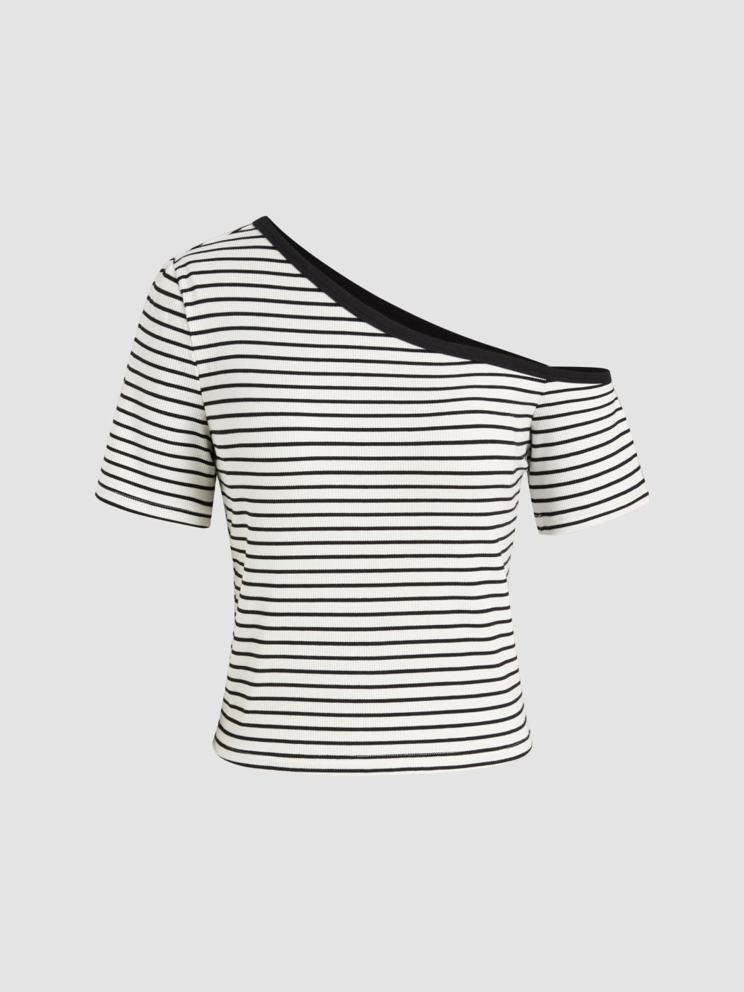 Asymmetrical Neck Stripe Contrasting Binding Short Sleeve Top
