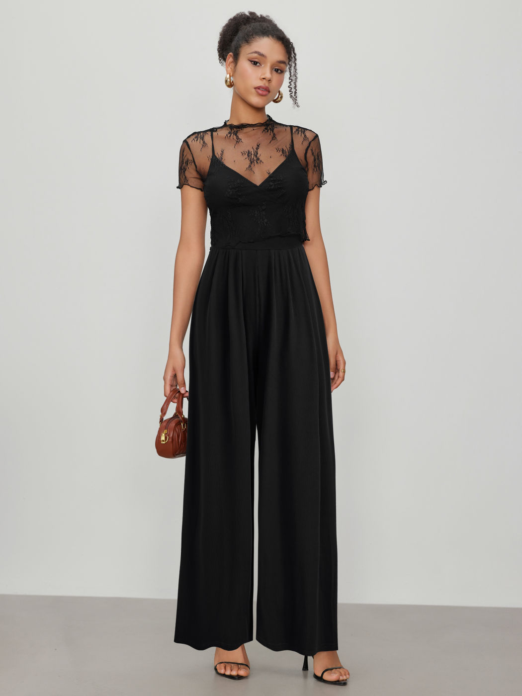 Spitzen-durchsichtiger Oberteil & V-Ausschnitt-Wide-Leg-Jumpsuit