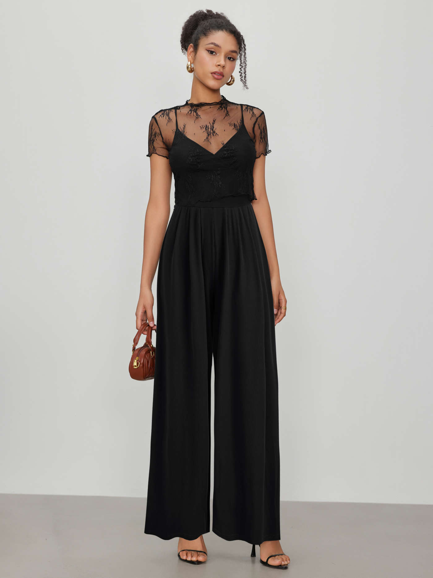 Lace See-through Top & V Neck Wide Leg Jumpsuit