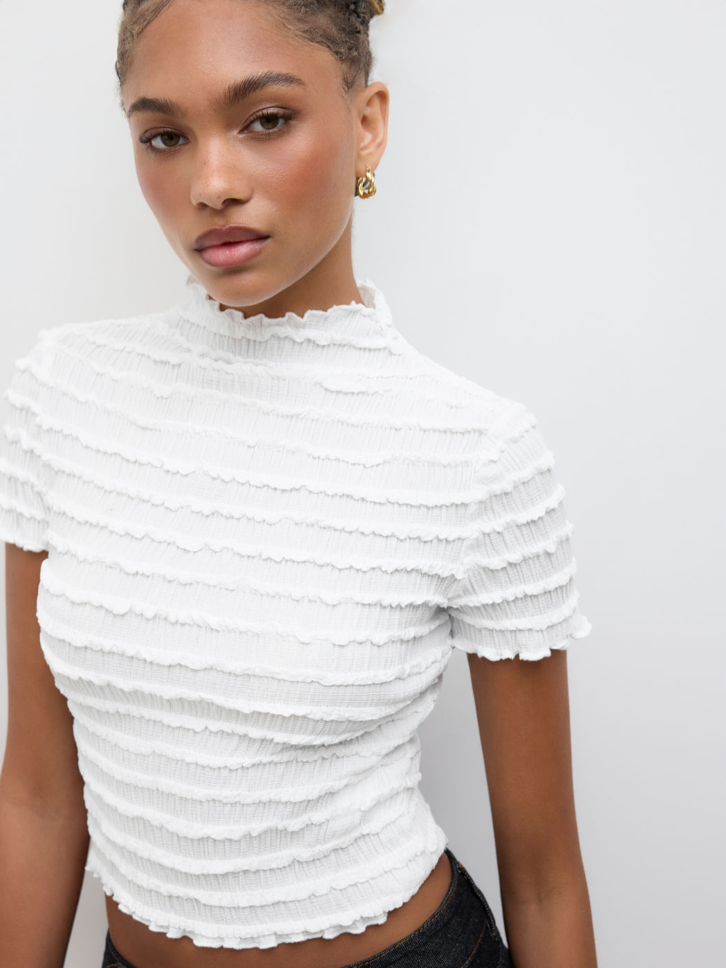 Shirred Lettuce Trim Short Sleeve Top