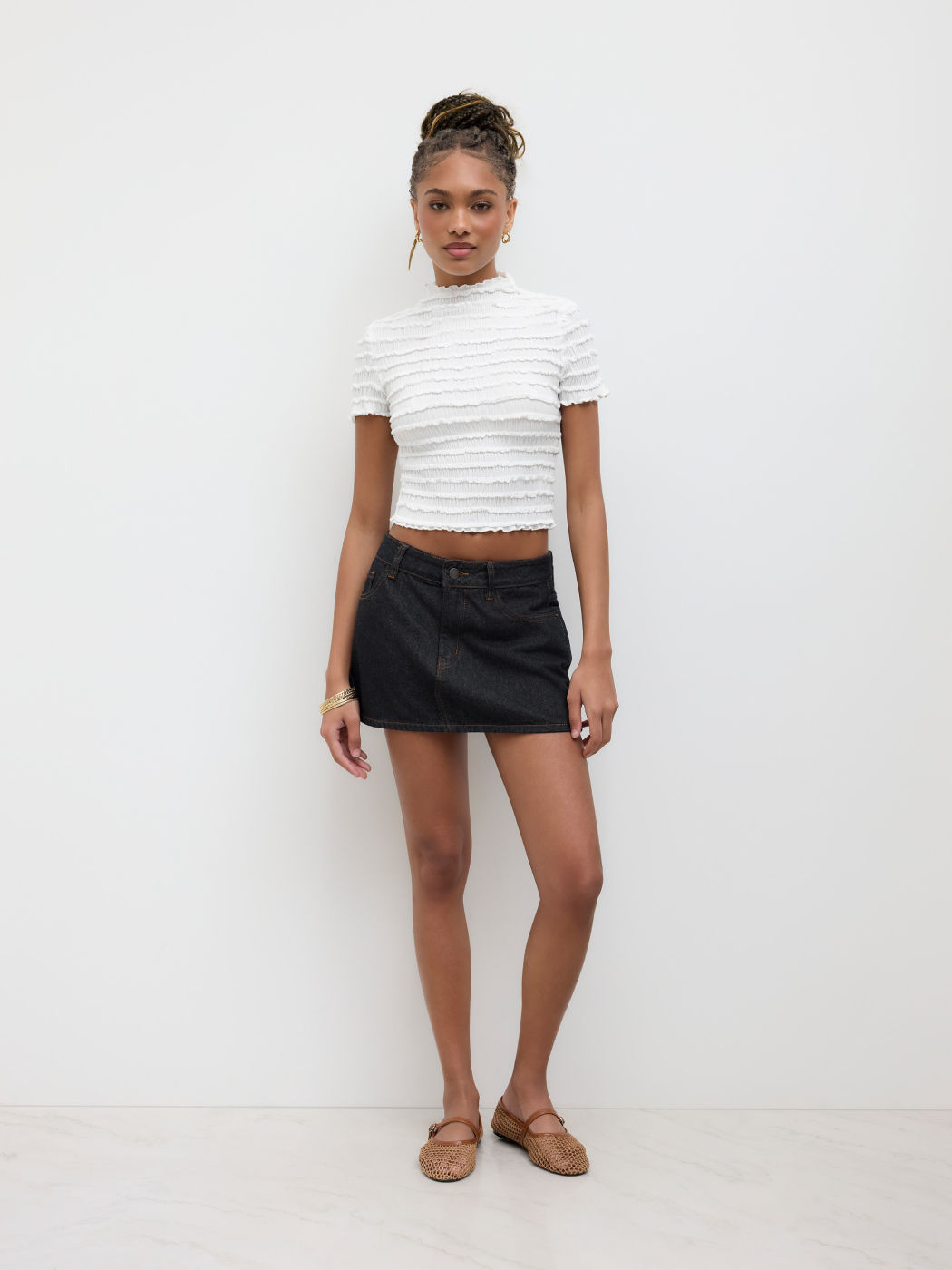 Shirred Lettuce Trim Short Sleeve Top
