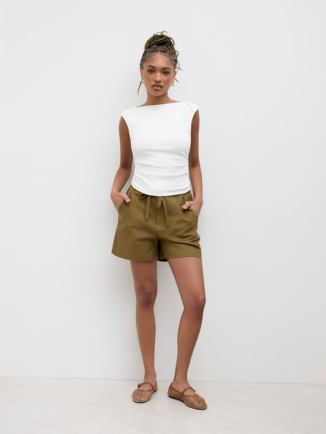 Cotton-blend Boat Neck Ruched Tank Top