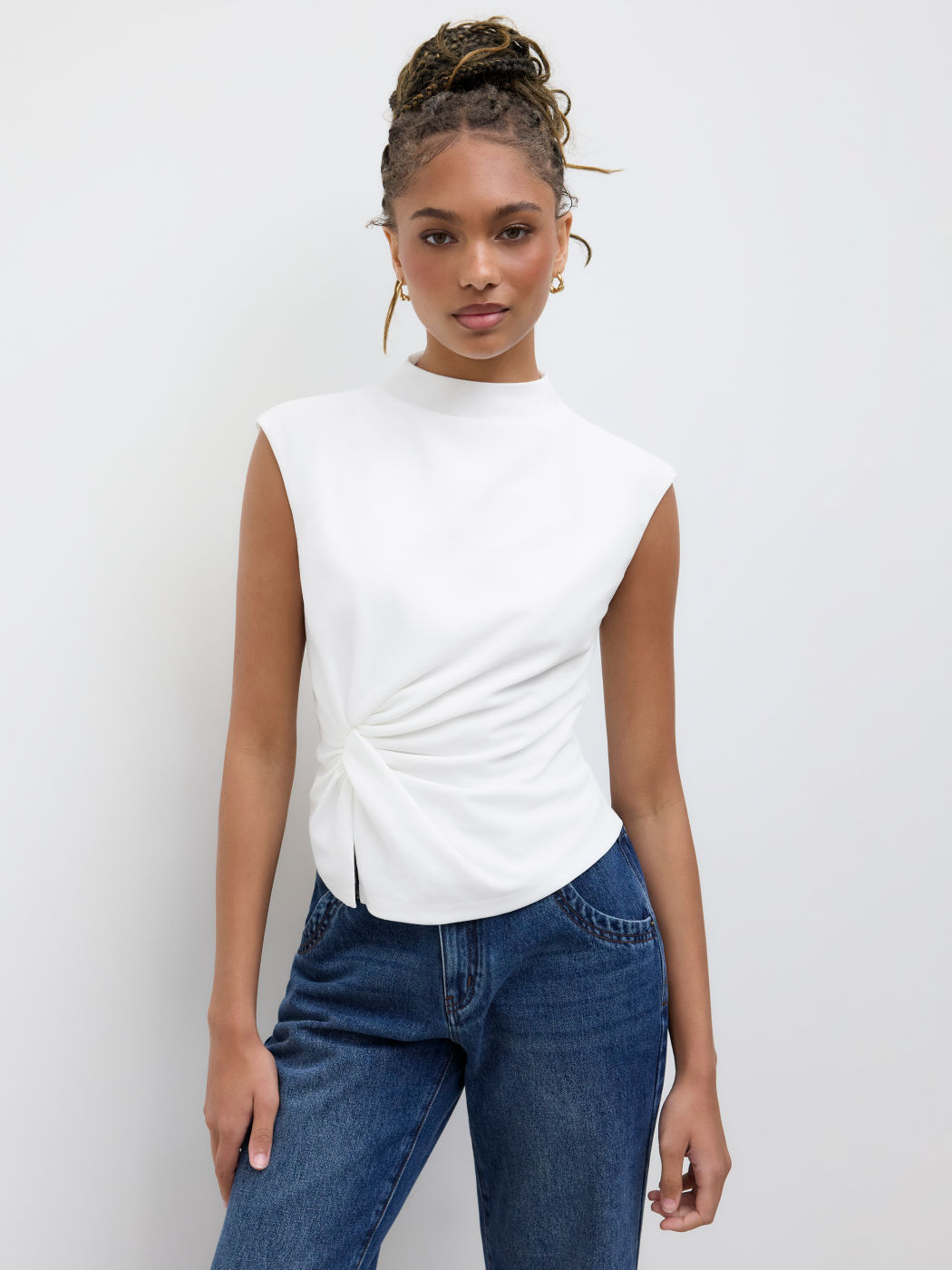 High Neck Twist Split Short Sleeve Top