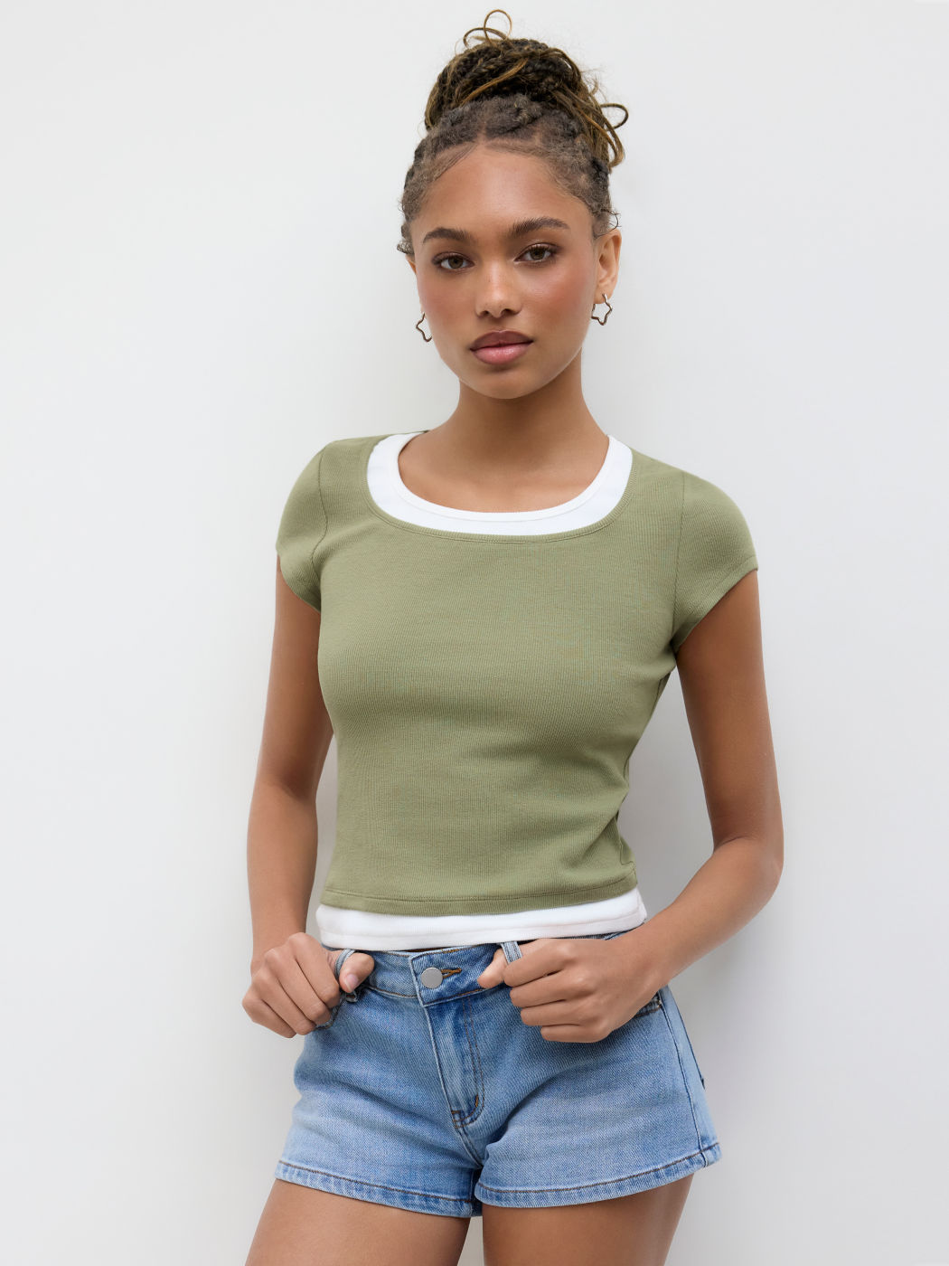 Baumwollmischung U-Hals Zweifarben T-Shirt