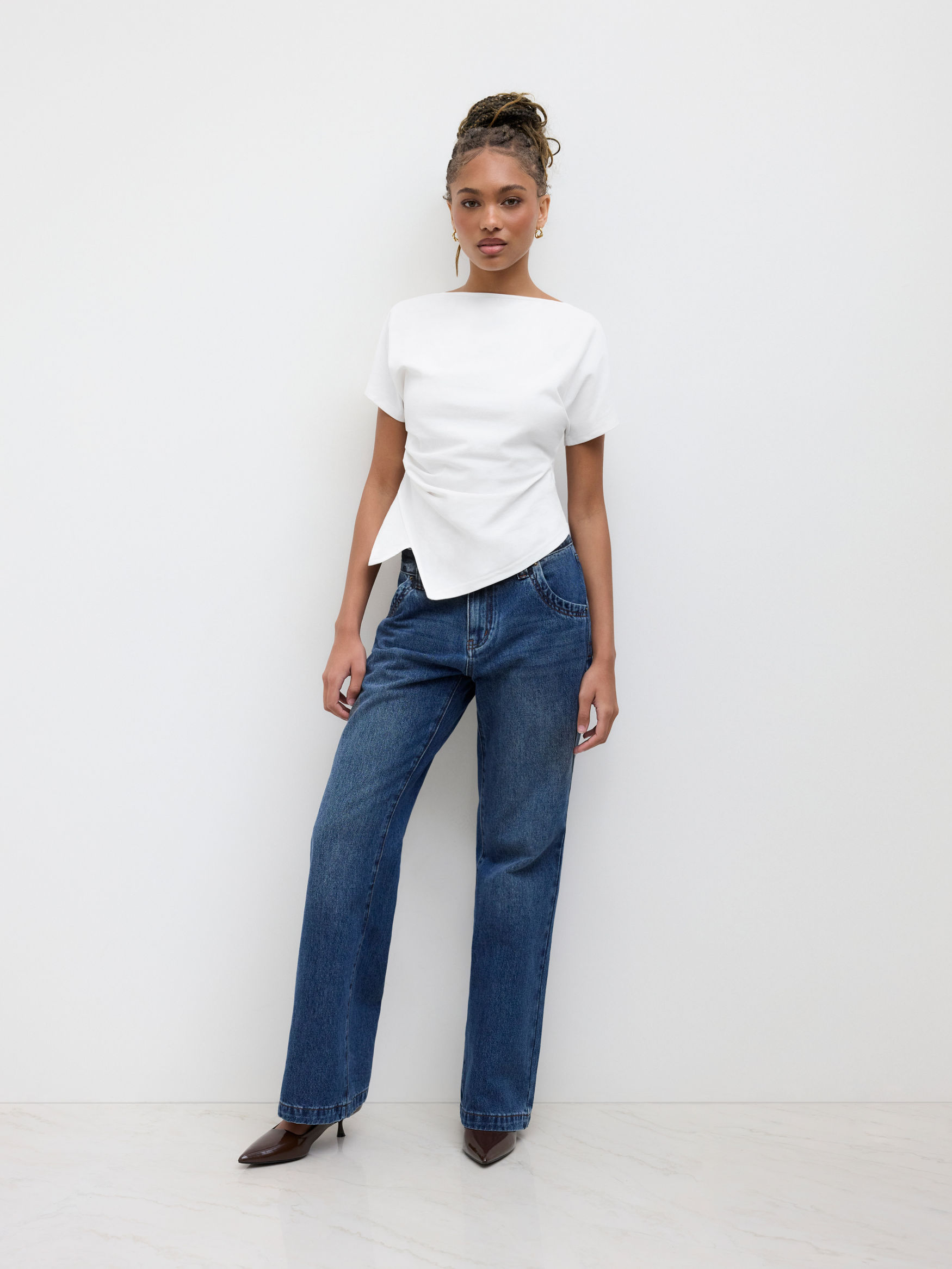 Cotton-blend Boat Neck Ruched Asymmetrical Hem Tee