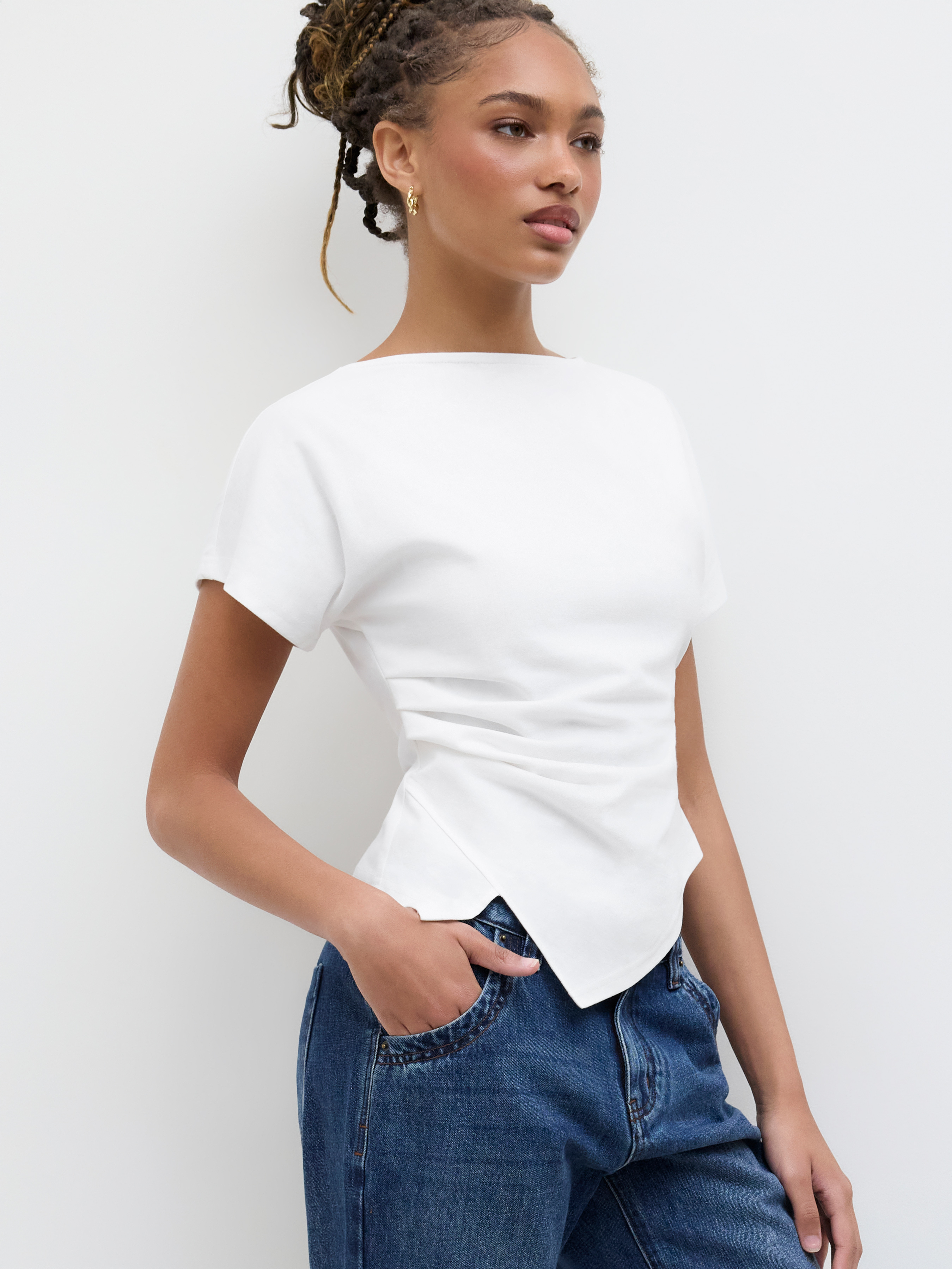 Cotton-blend Boat Neck Ruched Asymmetrical Hem Tee