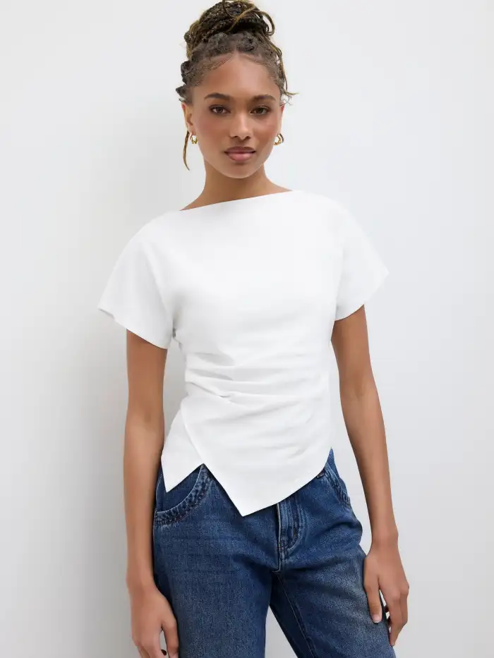 100% Cotton Round Neckline Ruched Asymmetrical Hem Tee