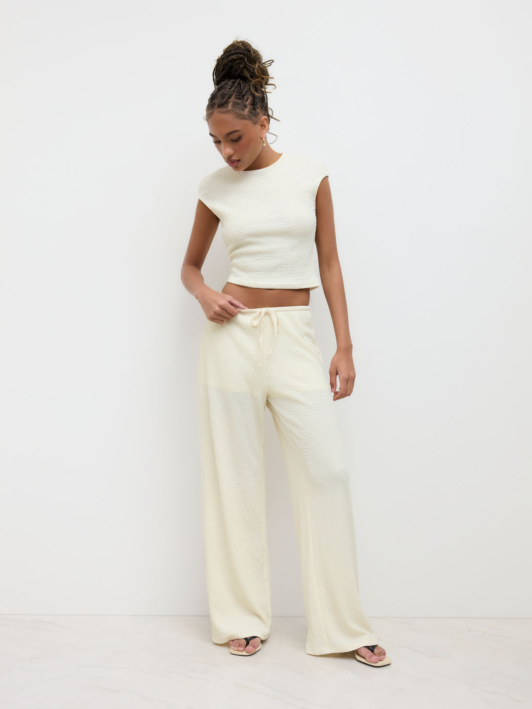 Texture Ruched Top & Knotted Straight Leg Trousers Set