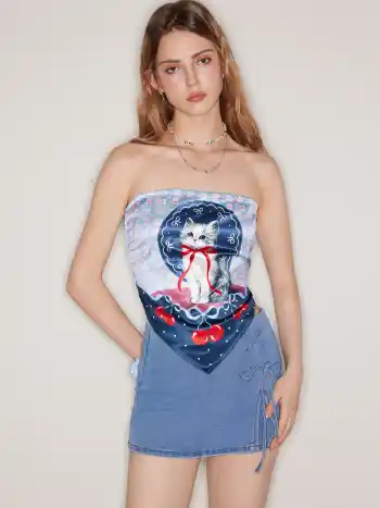 Satin Bowknot Kitty Cherry Graphic Bandeau Top