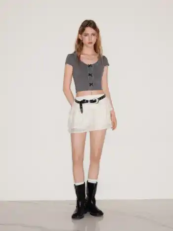 Woven Mid Rise Tiered Mini Skort