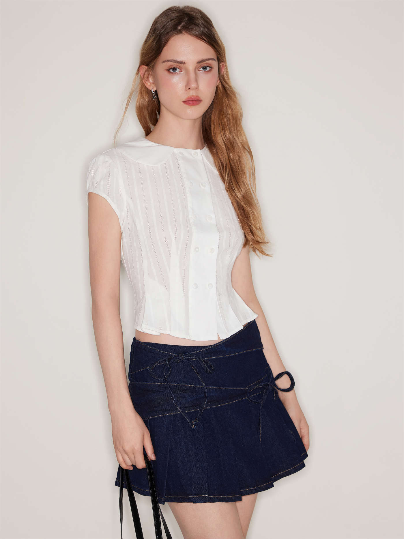 Denim Mid Rise Bowknot Pleated Micro Mini Skirt