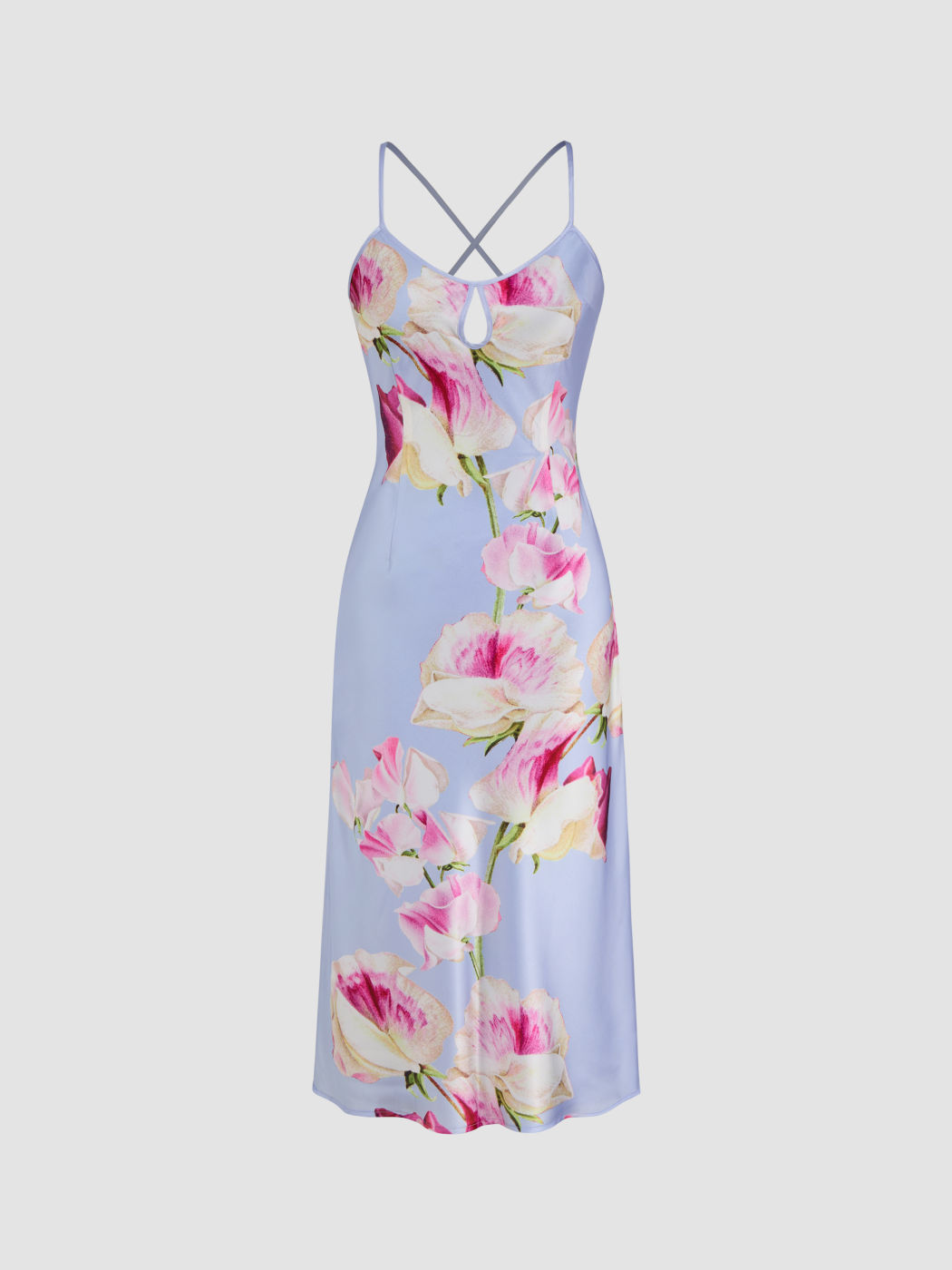 Satin Scoop Neckline Criss Cross Floral Midi Dress