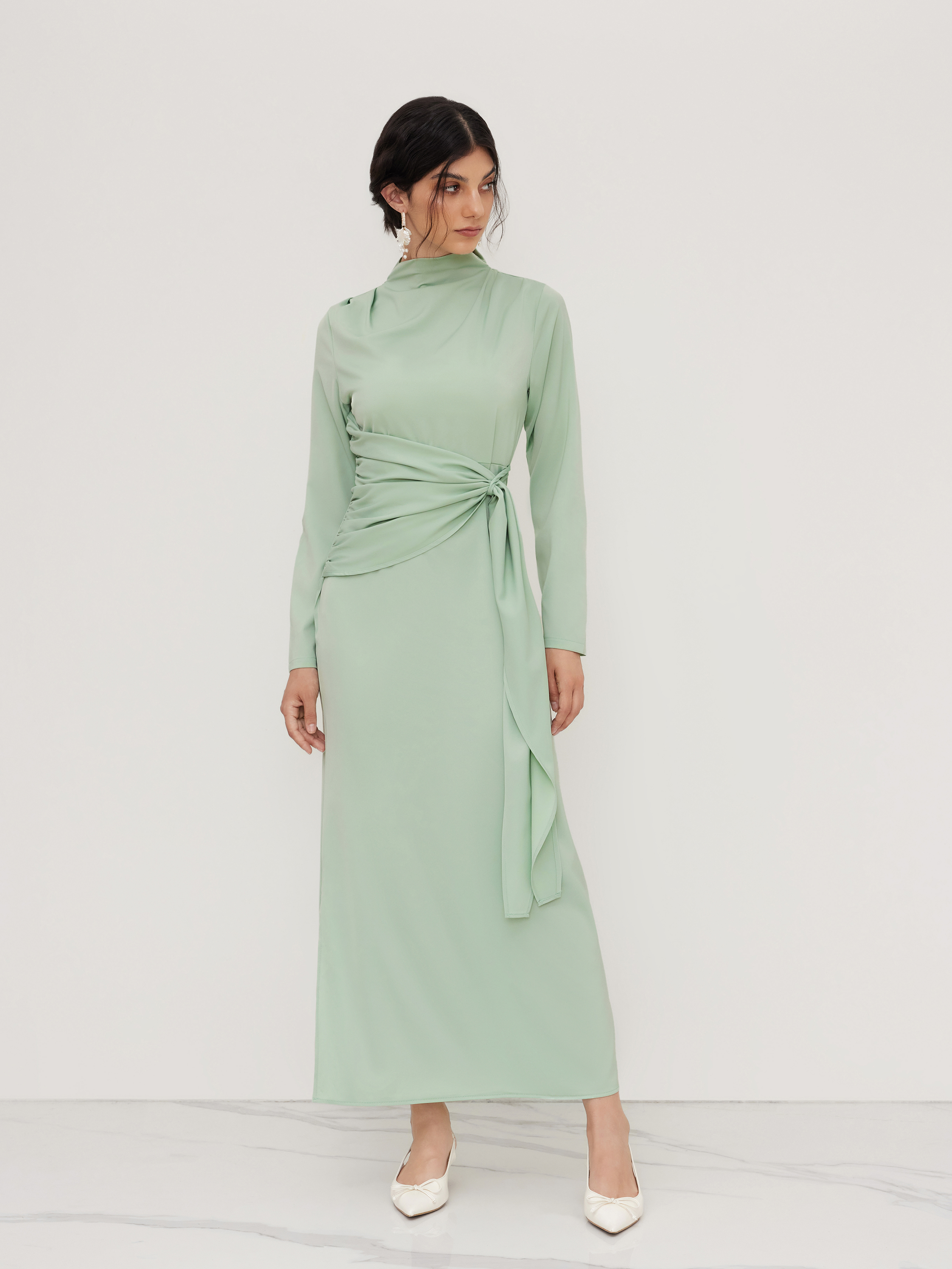 【Eaphi】standcollar volume midi coat Woven Stand Collar Solid Ruched Long Sleeve Maxi Dress For