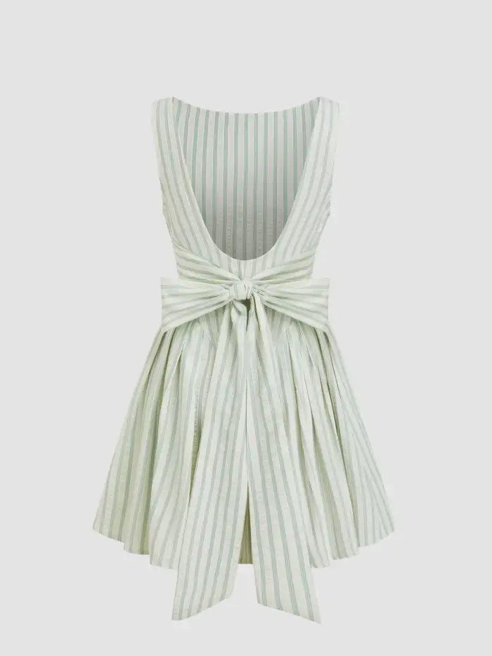 Woven Cotton-blend Boat Neck Stripe Bowknot Backless Mini Dress For Work