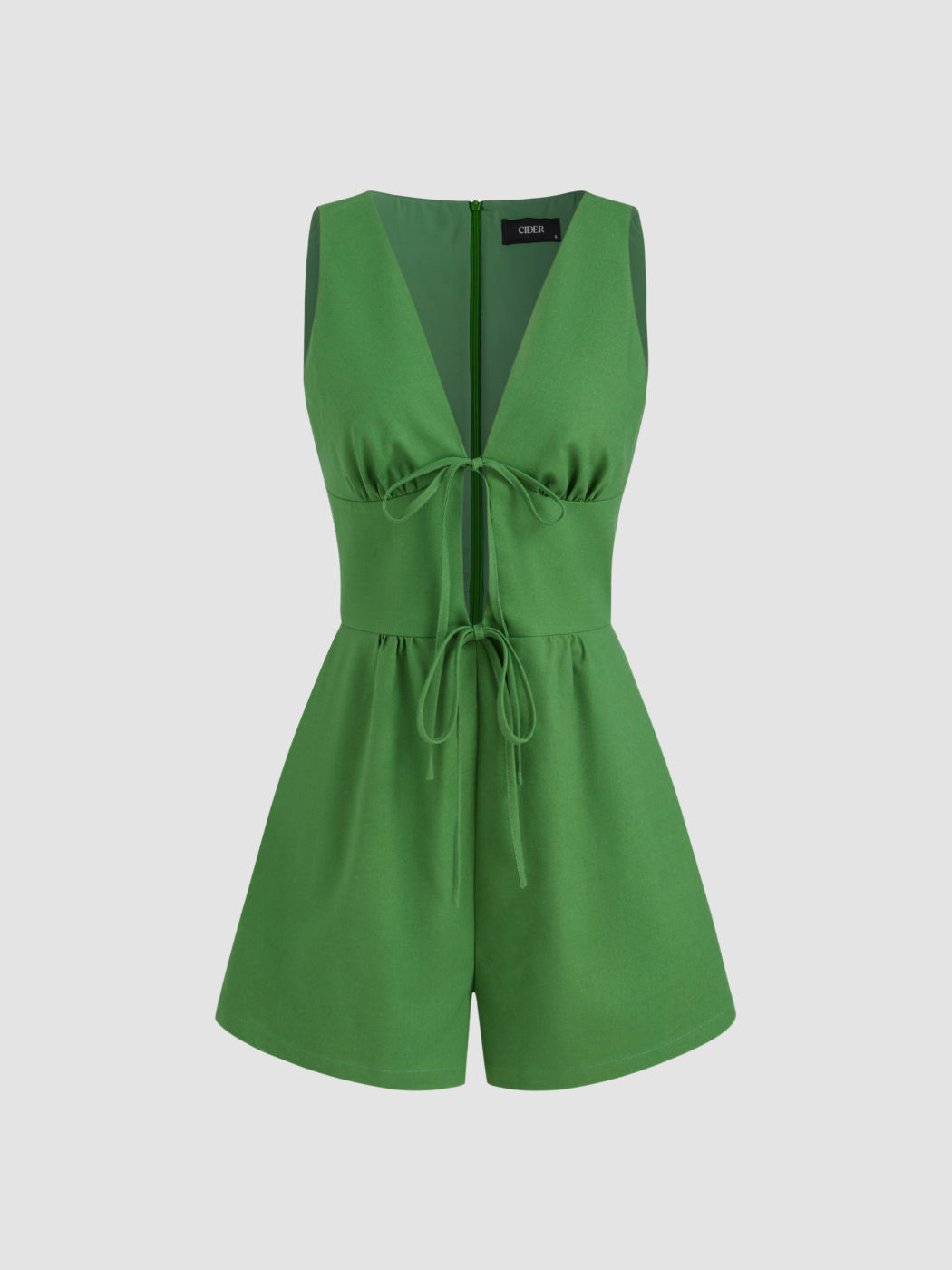 Linen-blend V-neck Tie Front Romper