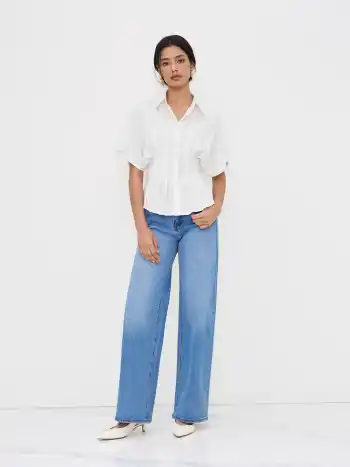 Linen-blend Collar V-neck Pleated Short Sleeve Shirt