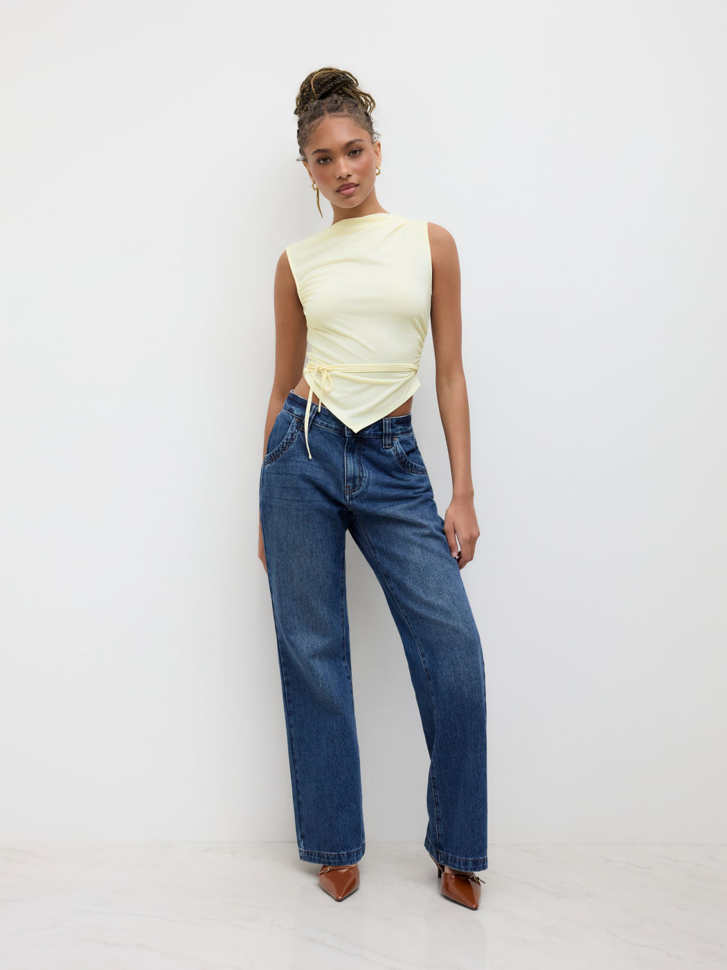 Boat Neck Knotted Asymmetrical Hem Ruched Tank Top