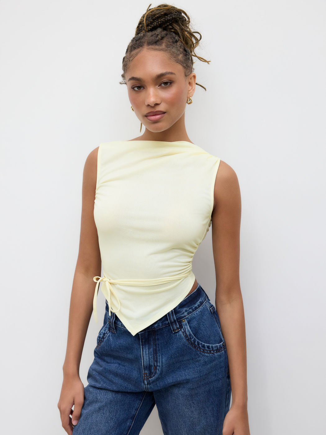 Boat Neck Knotted Asymmetrical Hem Ruched Tank Top