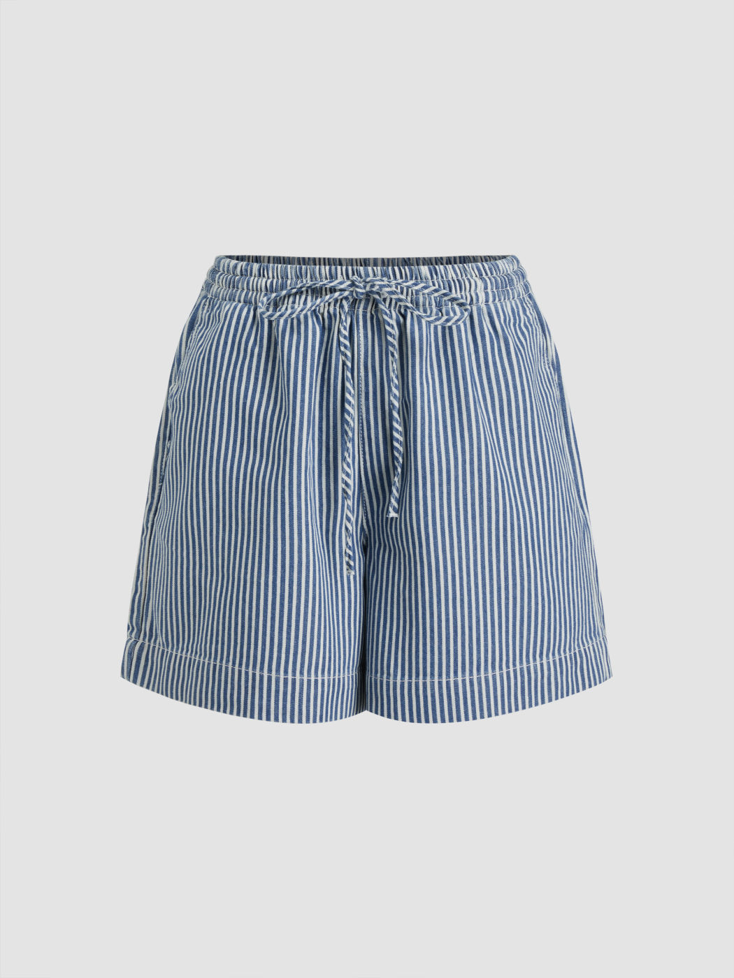 Denim Mid Rise Elastic Waist Stripes Shorts