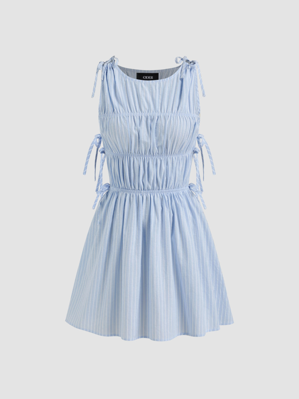 Cotton-blend Boat Neck Stripe Ruched Shirred Knotted Mini Dress