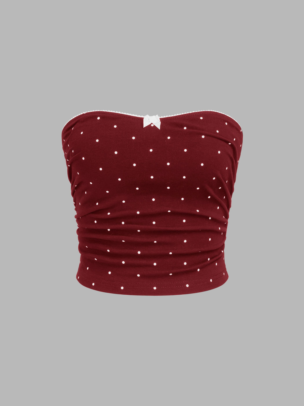 Cotton-blend Polka Dot Bowknot Ruched Bandeau Top & Low Rise Midi Skirt