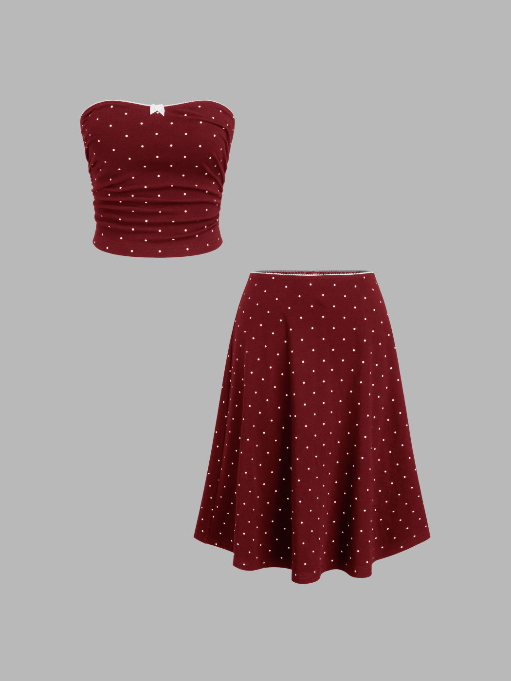 Cotton-blend Polka Dot Bowknot Ruched Bandeau Top & Low Rise Midi Skirt
