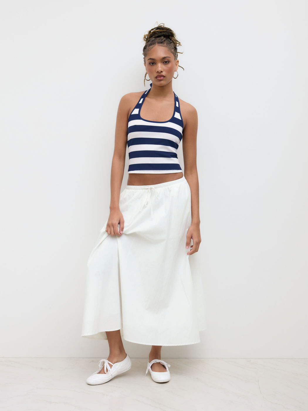 Cotton Low Rise Drawstring Elastic Waist Maxi Skirt