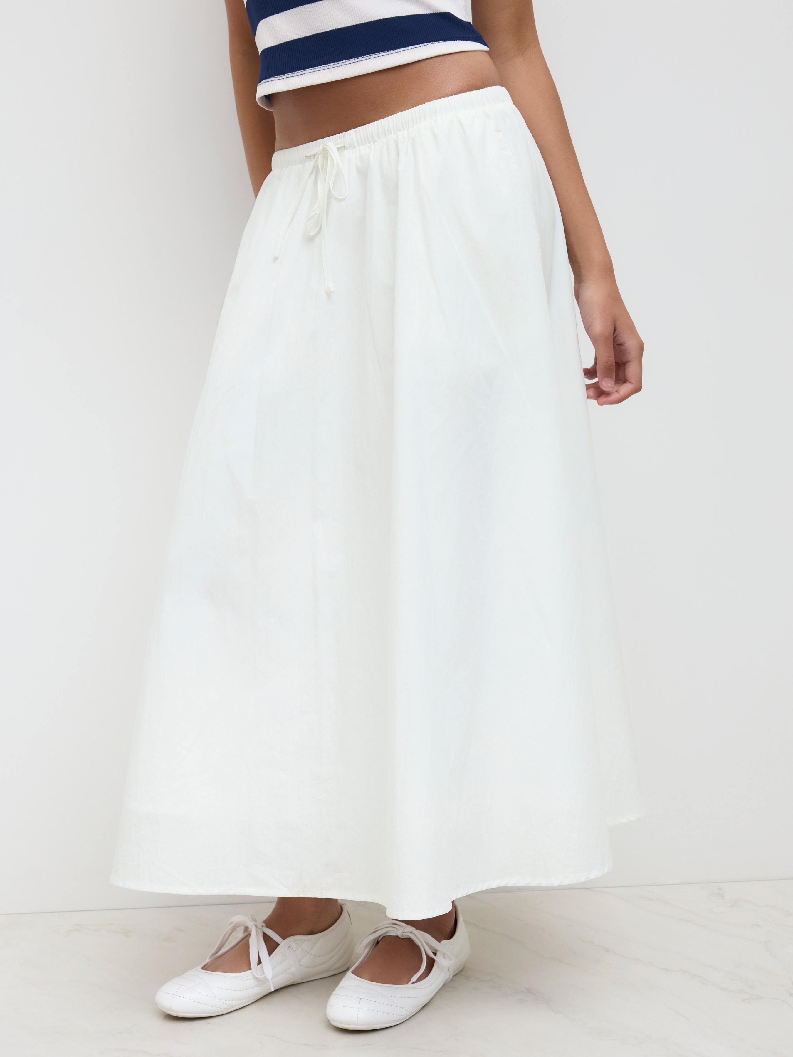 Cotton Low Rise Drawstring Elastic Waist Maxi Skirt