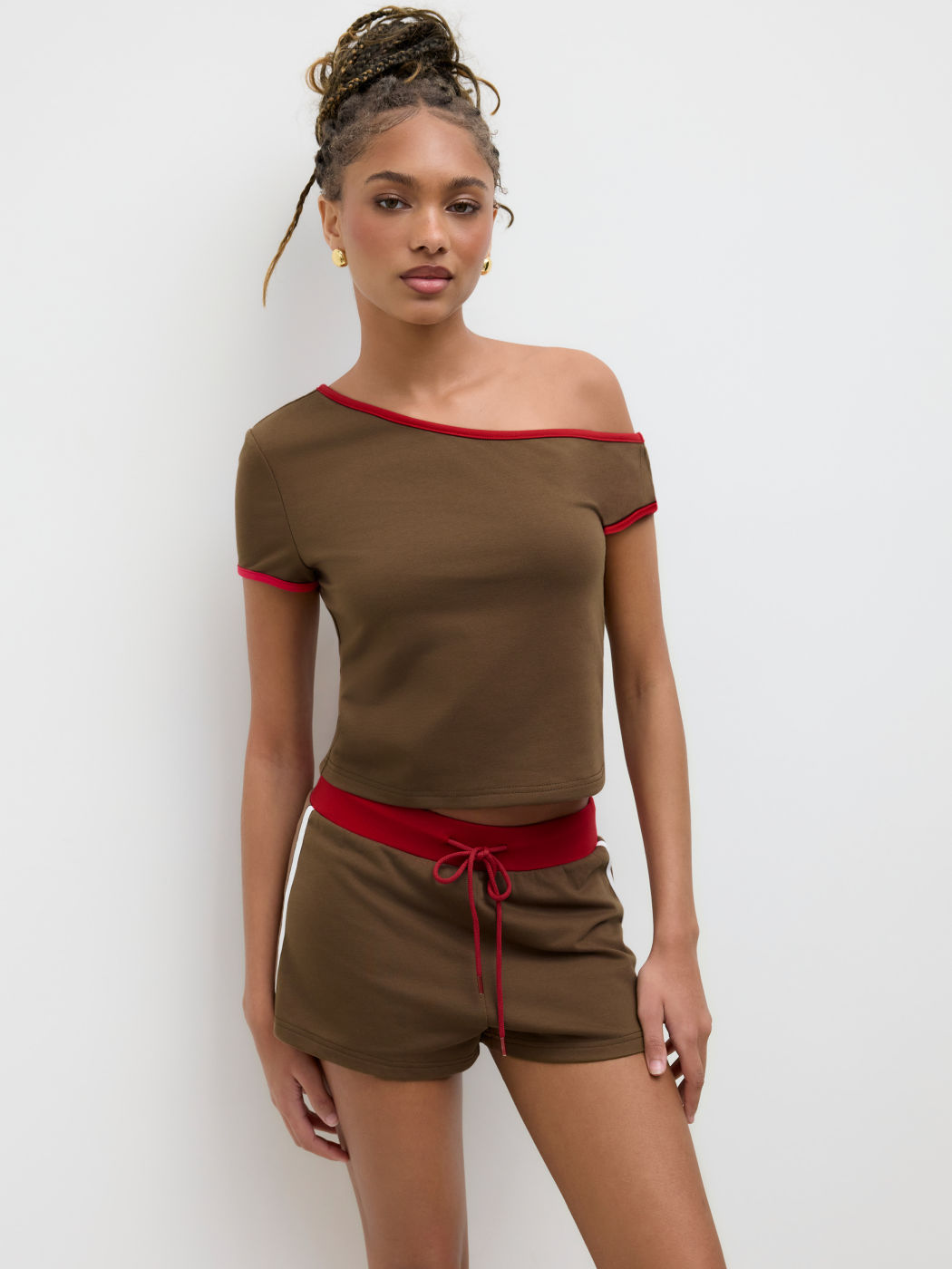 Cotton-blend Asymmetrical Neck Contrasting Binding Top & Side Stripe Knotted Shorts Set