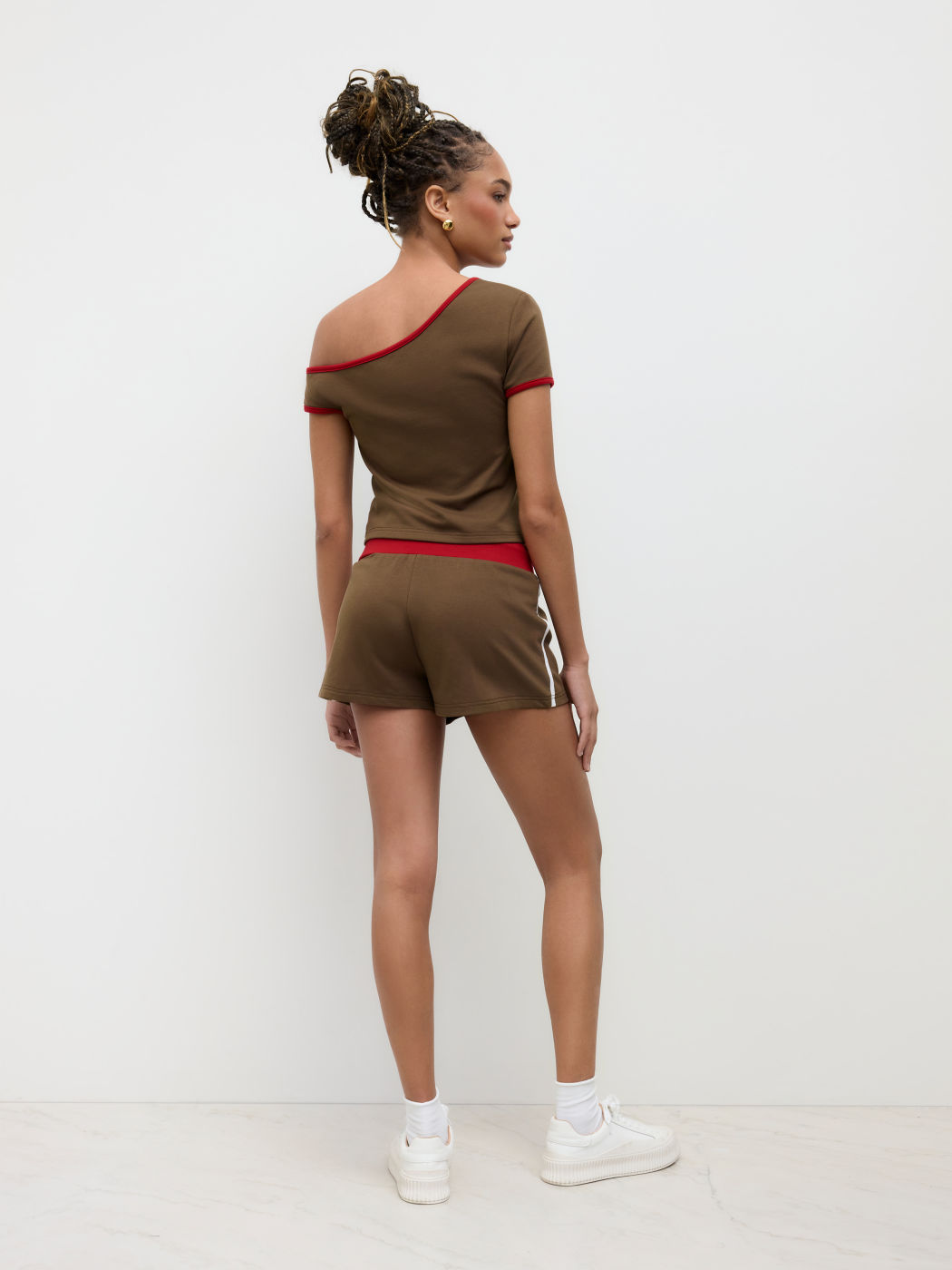 Cotton-blend Asymmetrical Neck Contrasting Binding Top & Side Stripe Knotted Shorts Set