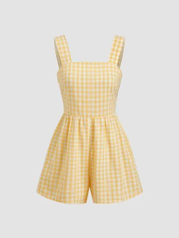 100% Baumwolle Quadratischer Hals Gingham Schleifen-Romper