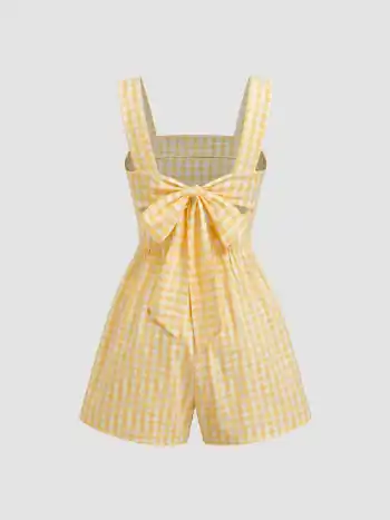 100% Baumwolle Quadratischer Hals Gingham Schleifen-Romper