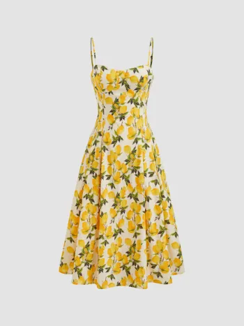 Baumwoll-Limonen-Lace-Up-Pleated Cami Midikleid