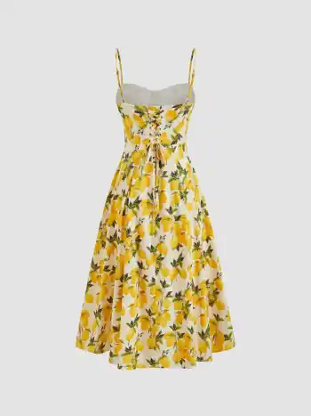 Baumwoll-Limonen-Lace-Up-Pleated Cami Midikleid