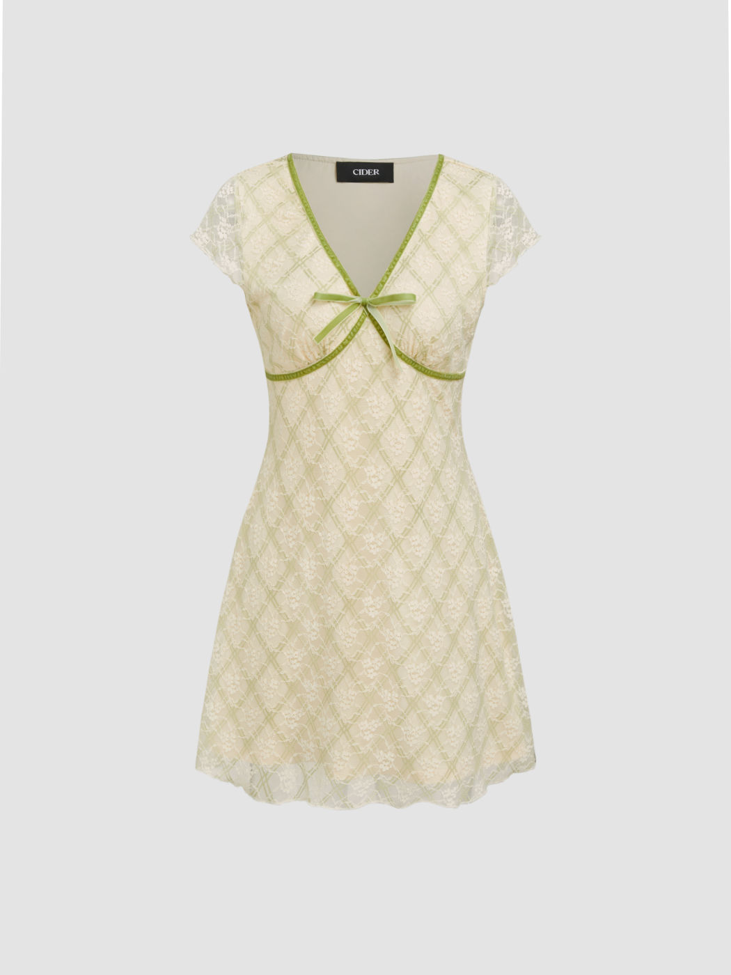 Lace V-neck Check Contrasting Binding Bowknot Mini Dress