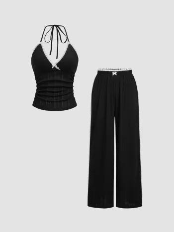 V-Ausschnitt Schleife Rüschender Spitzenrand Halter-Oberteil & Mittelhohe Breitbeinige Hose Lounge-Set