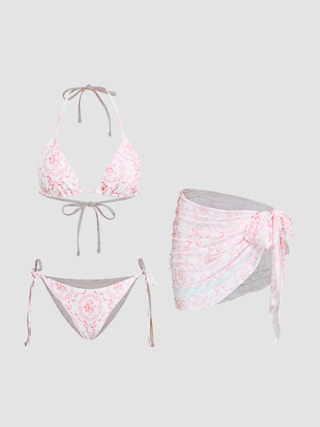 V-Ausschnitt Bows & Blumenknoten Halter Bikini-Set mit Spitzen-Sarong