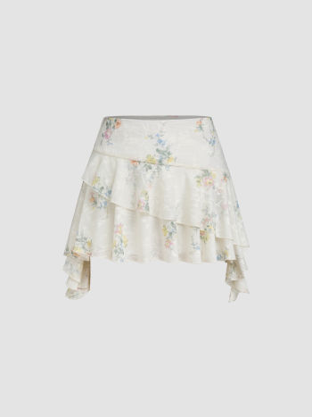 Lace Low Rise Floral Ruffle Hem Mini Skirt