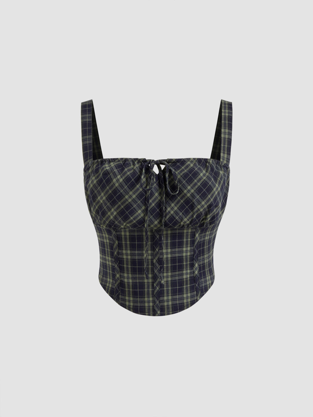 Set crop top a canotta con orlo curvo arricciato e annodato a quadri e mini gonna plissettata