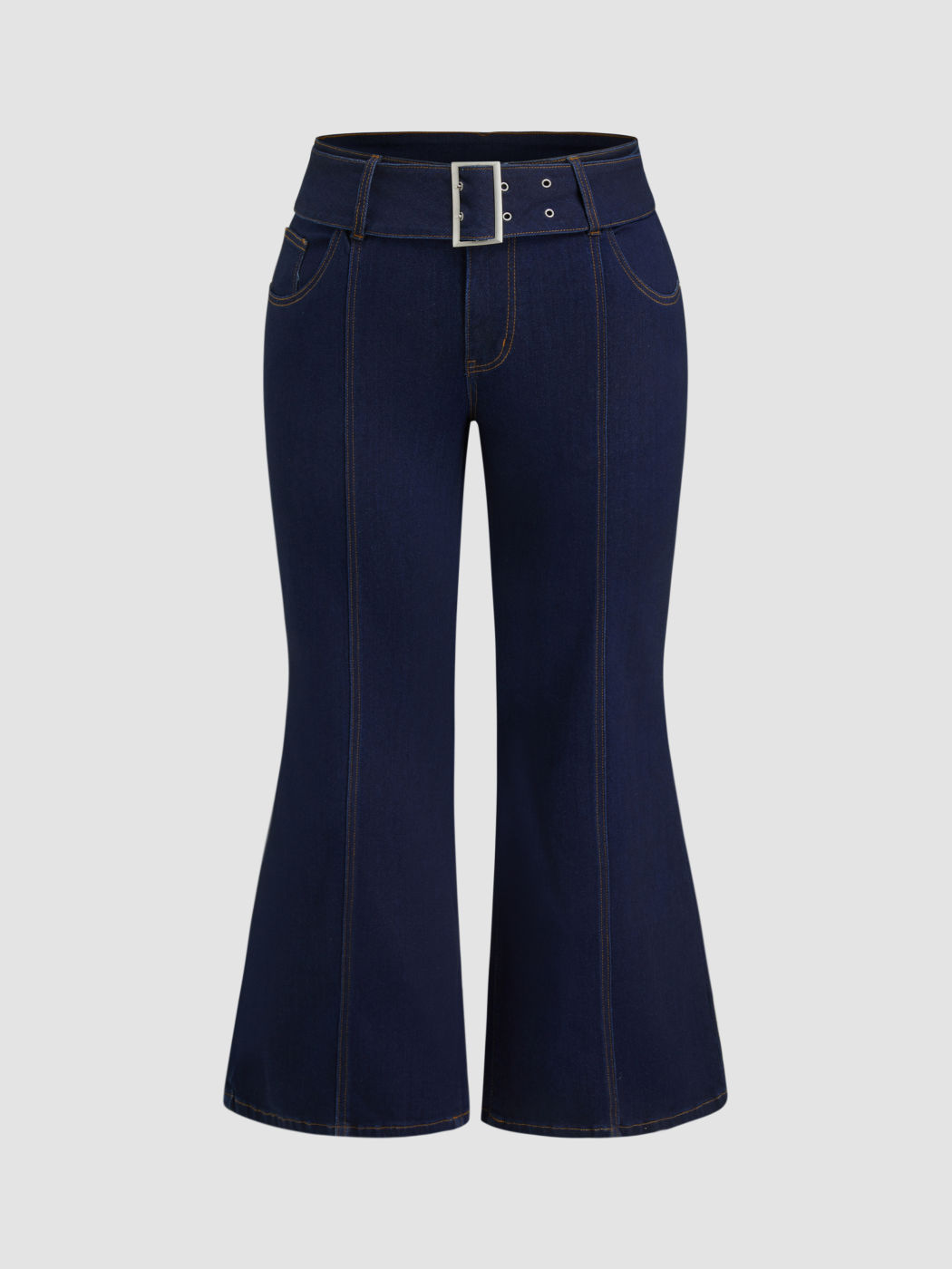 Hochdehnbare Jeans mittlerer Hüftlage mit Flares und Gürtel Kurve & Plus