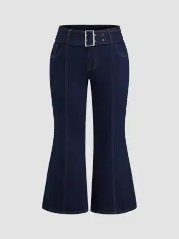 High Stretch Denim Mid Rise Flared Jeans With Belt Curve & Plus